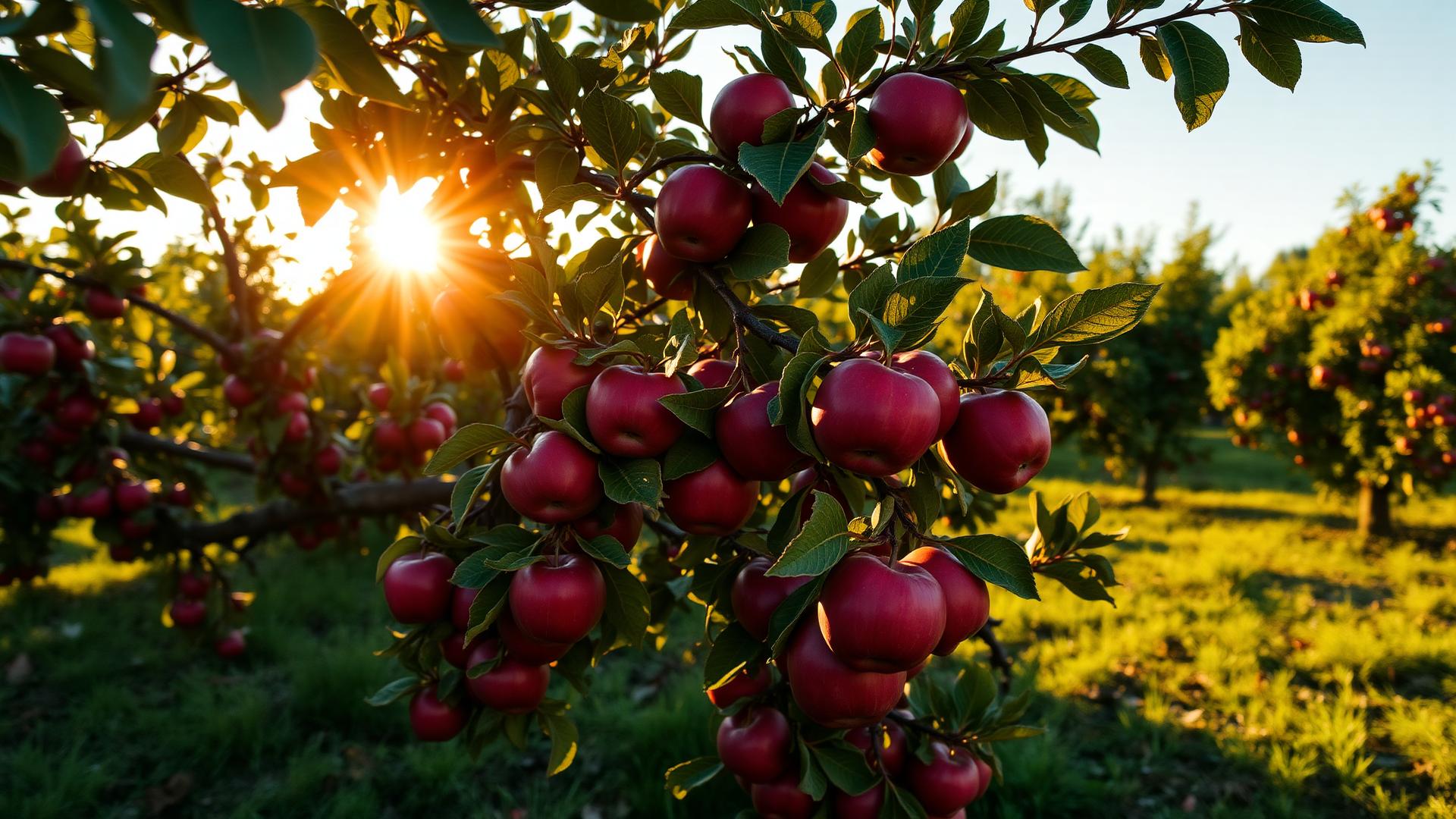 Lush apple orchard at golden hour